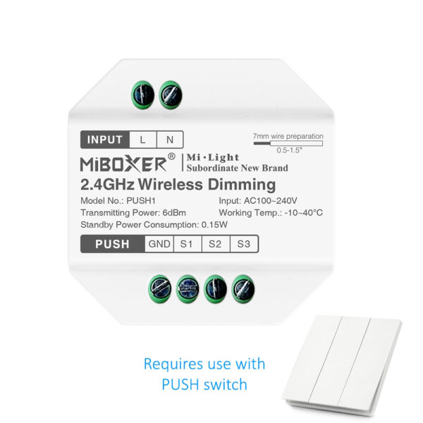 <b>PUSH1 </b><br />Bezprzewodowe przyciemnianie 2,4 GHz (RGB+CCT)
